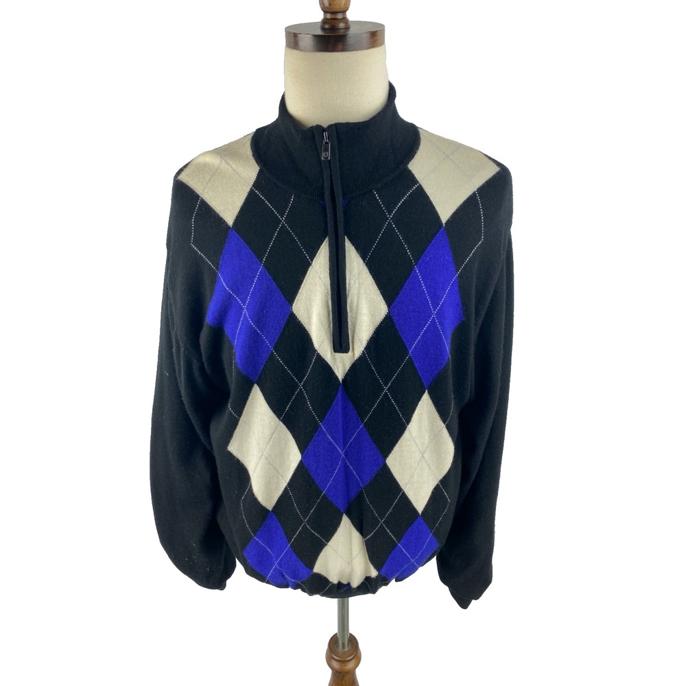 FJ Footjoy Mens XL Argyle 1/4 Zip Pullover‎ Sweatshirt 100% Wool Sweater Golf